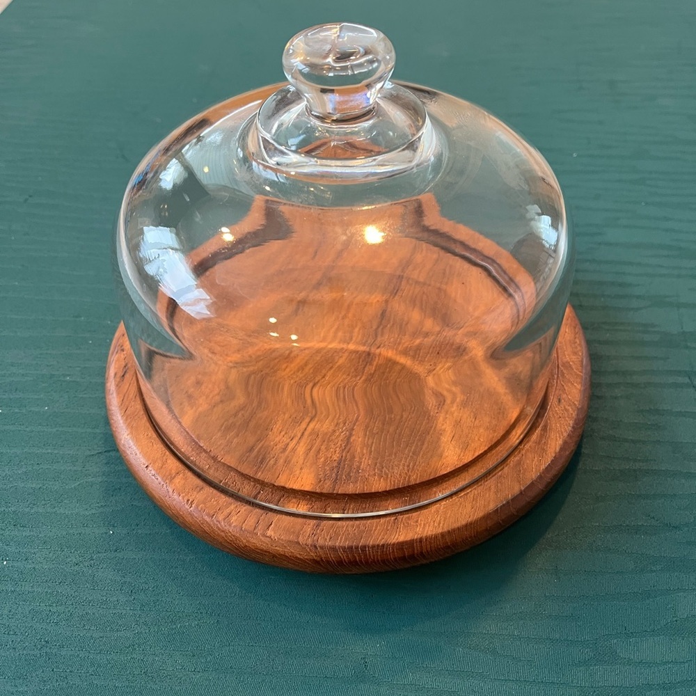 Wooden Cheese Board with Cloche Genuine Teak Thailand Vintage Glass Dome